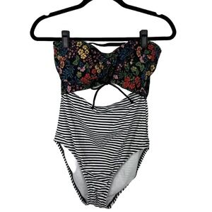 Time & Tru Strapless One piece Swimsuit Woman M 8-10 Black/White Stripes Floral